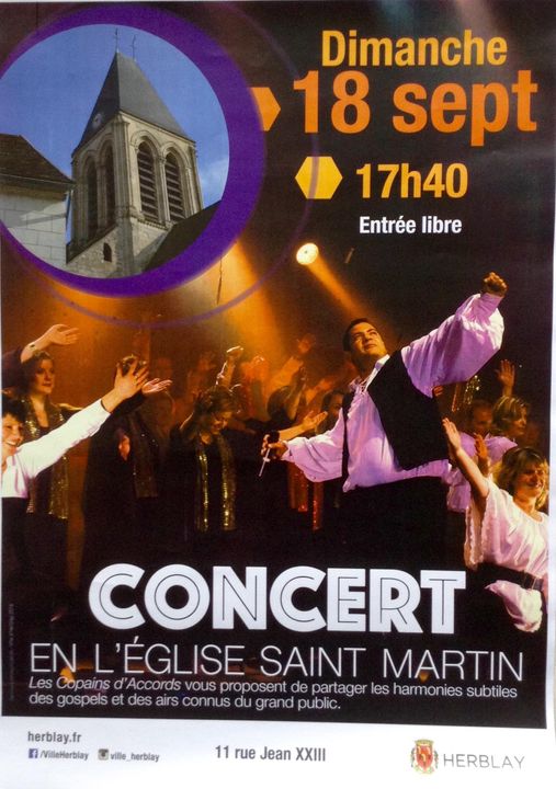 Affiche pour le concert à l'église saint martin a Herblay, on y vois une photo de la chorale et l'église dans un cercle en haut gauche